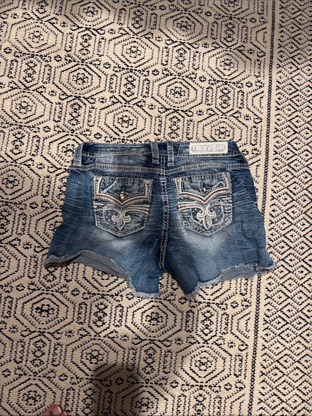 Rock Revival Distressed Blue Denim Shorts with Embroidered Waistband
